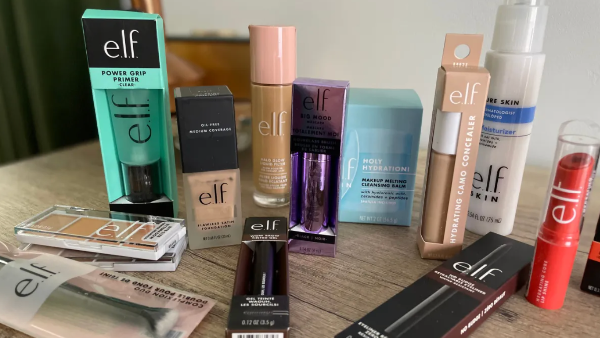 e.l.f. Cosmetics Mystery Box items on a vanity table 