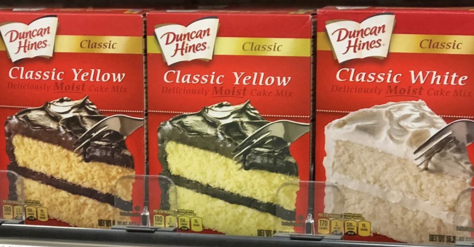 Several boxes of Duncan Heinz cake mix