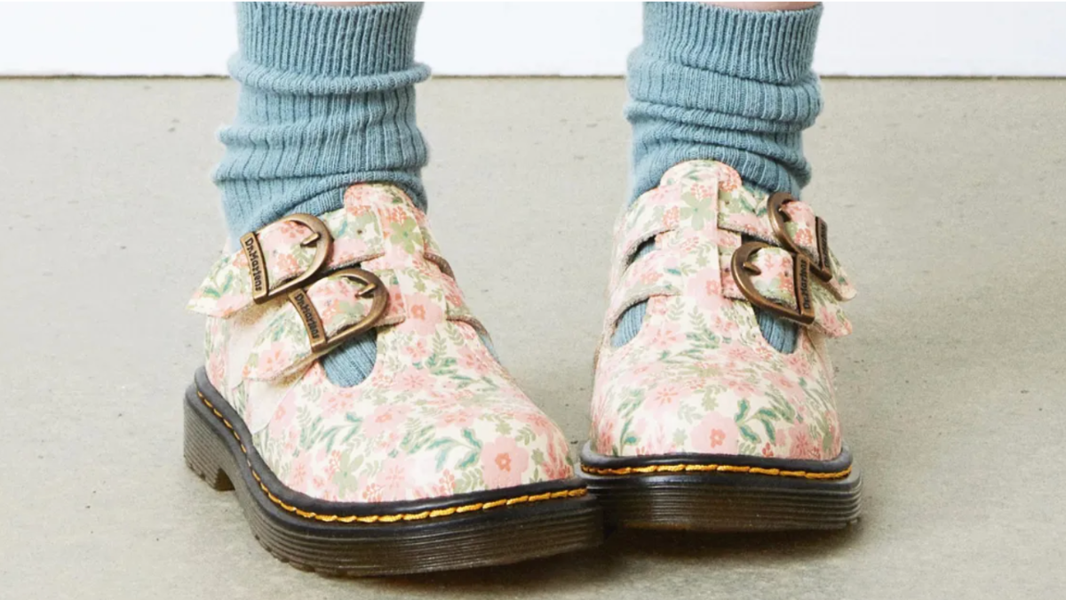 Doc Martin Mary Jane style shoes in pink floral pattern