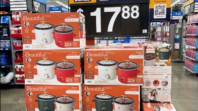 Beautiful by Drew Barrymore slow cooker boxes stacked in store