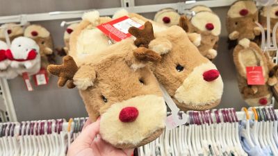 reindeer slippers in hand