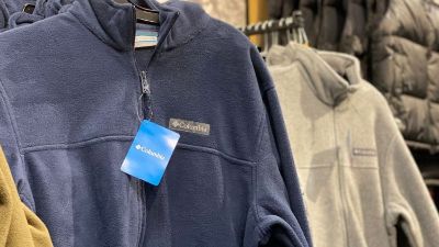 Columbia fleece jackets hanging in-store