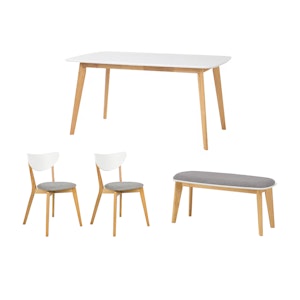 Harold Dining Table 1.5m in Natural, White with Harold Bench 1m and 2 Harold Dining Chairs in Dolphin Grey