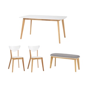 Harold Dining Table 1.5m in Natural, White with Harold Bench 1m and 2 Harold Dining Chairs in Natural, White