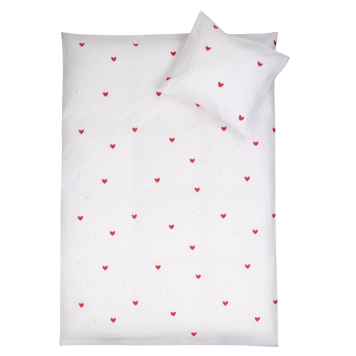 Image of Baby sengetøj 100% bomuld - 70x100 cm - Hvidt sengesæt med fine røde hjerter - Nordstrand Home blødt dynebetræk