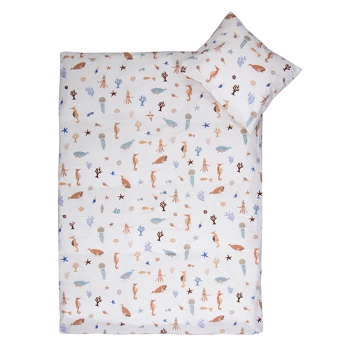 Image of Junior sengetøj 100x140 cm - Hvidt sengesæt med undervands motiver - 100% blødt bomulds sengelinned