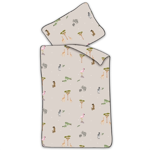 Image of Junior sengetøj 100x140 cm - Beige sengesæt med safari dyr - 100% blødt bomulds sengelinned