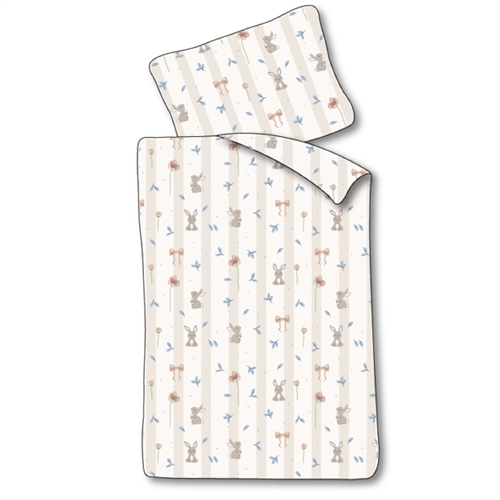 Image of Baby sengetøj 70x100 cm - Hvidt stribet sengesæt med kaniner og blomster - 100% blødt bomulds sengelinned
