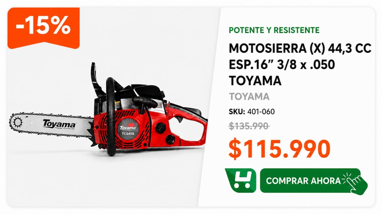 Motosierra Toyama 44,3cc espada 16 pulgadas - con stock o retiro hoy en Quilicura - $115.990 - SKU 460-001