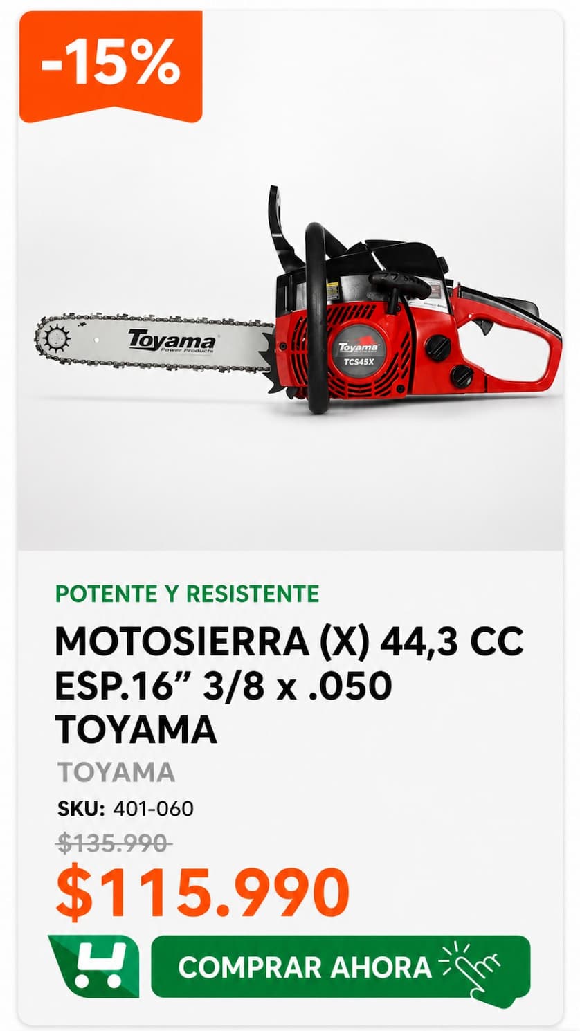 Motosierra Toyama 44,3cc espada 16 pulgadas - con stock o retiro hoy en Quilicura - $115.990 - SKU 460-001