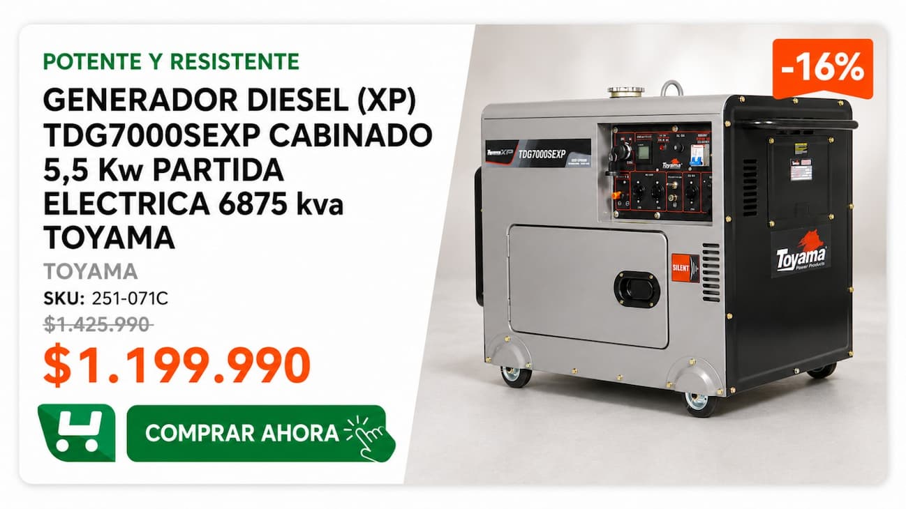 Generador Diesel Toyama TDG7000SEXP 5,5 Kw - cabinado, silencioso, partida eléctrica - $1.199.990 - SKU 251-071C