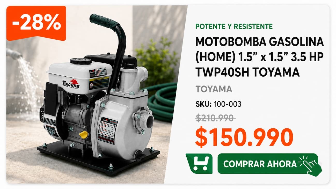 Motobomba Gasolina Home 1.5 x 1.5 3.5 HP TWP40SH Toyama - para riego, trasvasije o achique de agua - $150.990 - SKU 100-003
