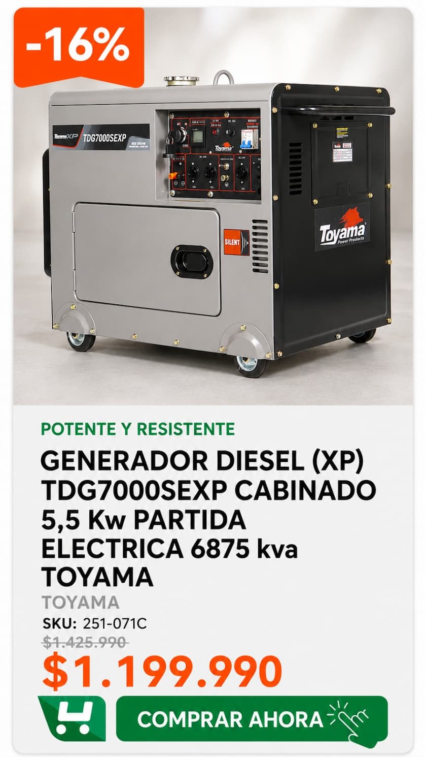 Generador Diesel Toyama TDG7000SEXP 5,5 Kw - cabinado, silencioso, partida eléctrica - $1.199.990 - SKU 251-071C