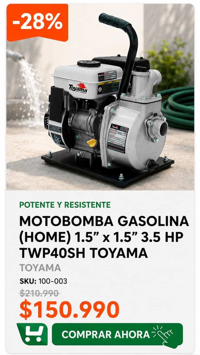 Motobomba Gasolina Home 1.5 x 1.5 3.5 HP TWP40SH Toyama - para riego, trasvasije o achique de agua - $150.990 - SKU 100-003