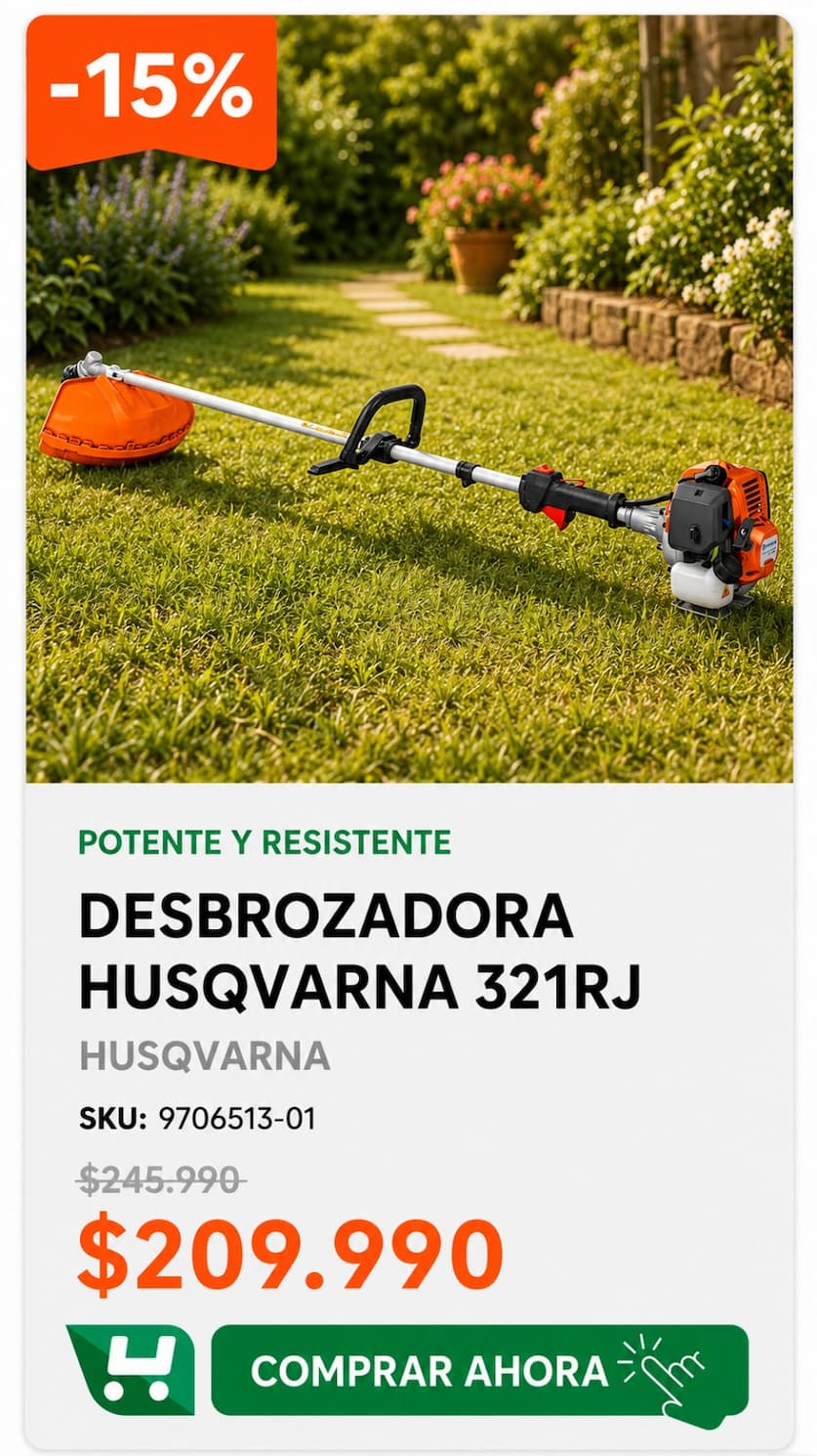 Desbrozadora Husqvarna 321RJ · más vendido Homevan · con stock para jardín y mantención · $209.990 · venta de fin de mes
