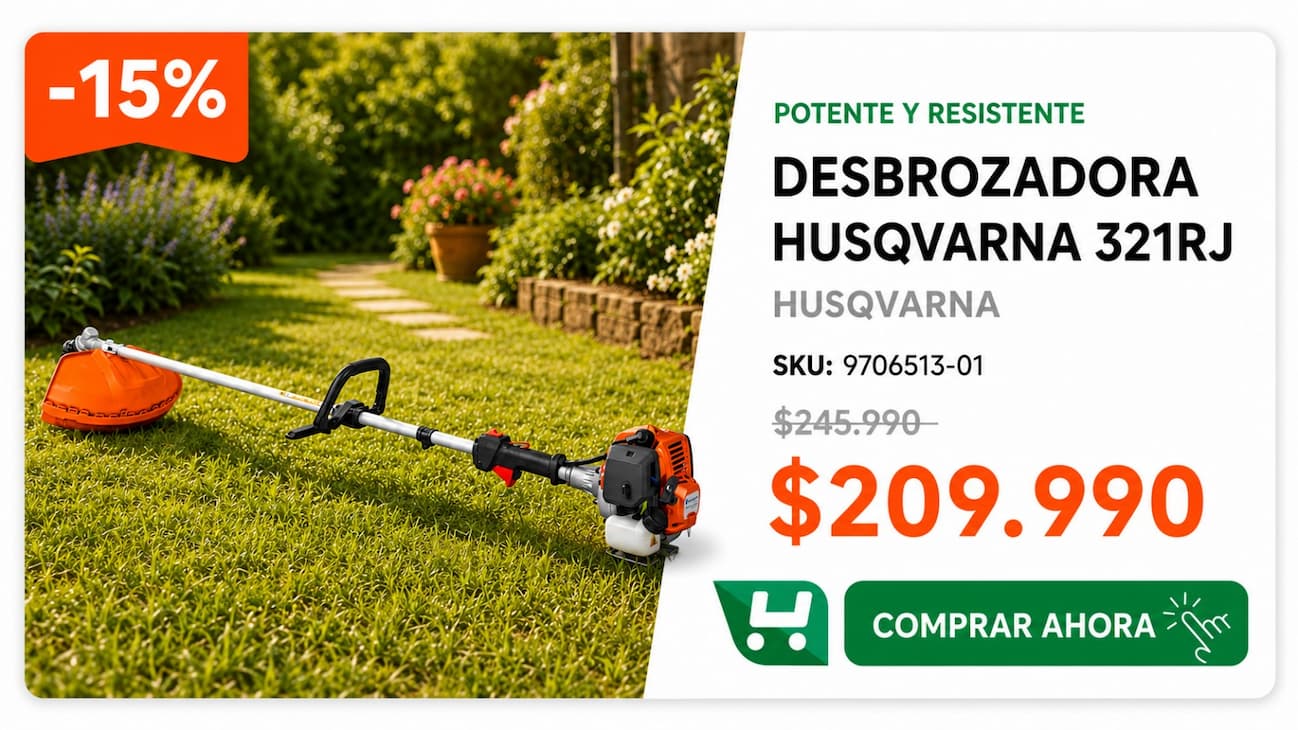 Desbrozadora Husqvarna 321RJ · más vendido Homevan · con stock para jardín y mantención · $209.990 · venta de fin de mes