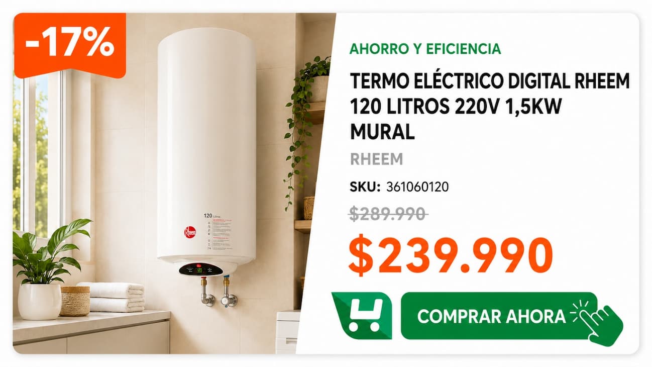 Termo eléctrico digital RHEEM 120 L mural · agua caliente asegurada para el invierno · $239.990 · venta de fin de mes Homevan