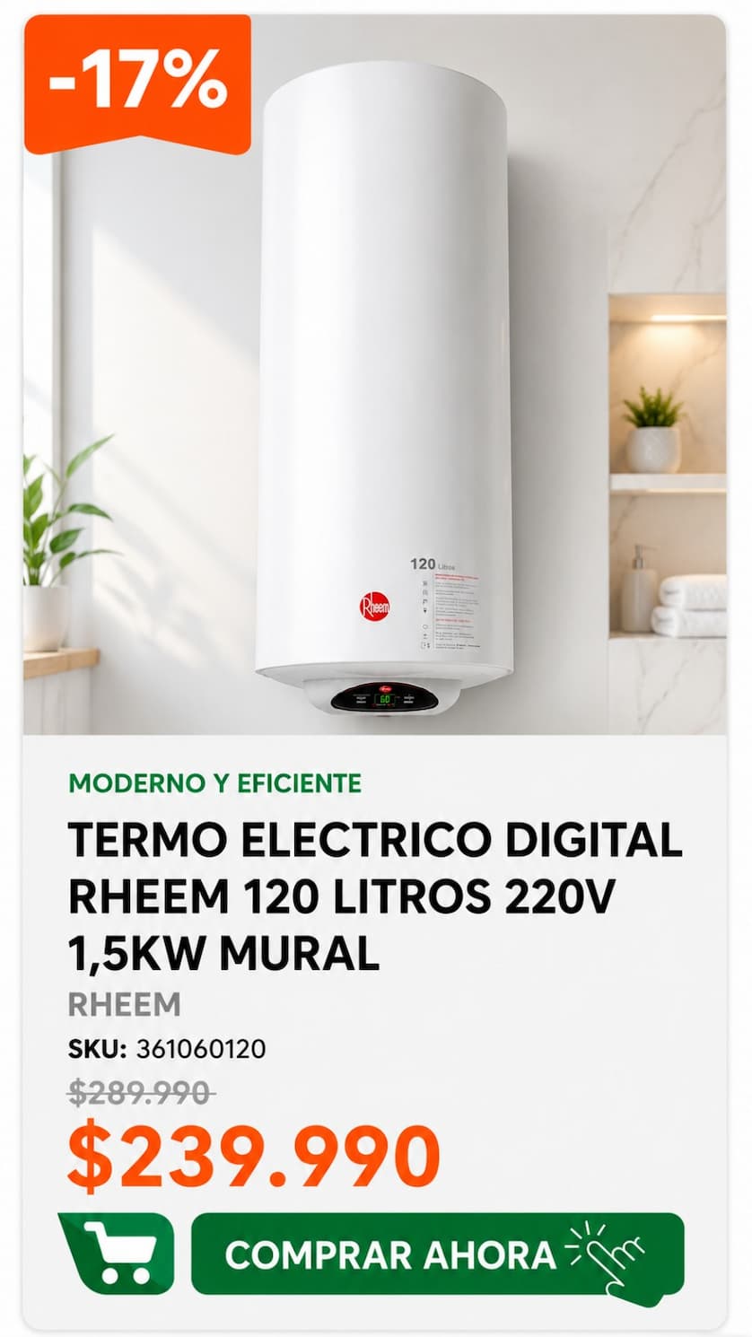 Termo eléctrico digital RHEEM 120 L mural · agua caliente asegurada para el invierno · $239.990 · venta de fin de mes Homevan