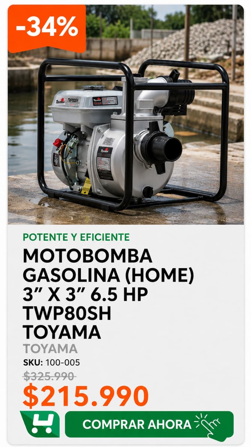 Motobomba Gasolina Toyama TWP80SH 3” × 3”, 6,5 HP · SKU 100-005 · Homevan