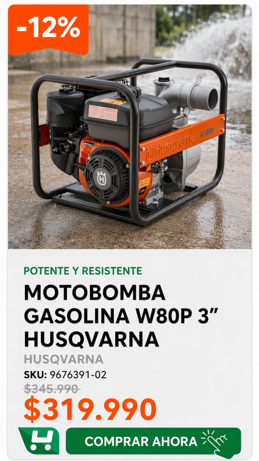 Motobomba Gasolina Husqvarna W80P 3” · SKU 9676391-02 · Homevan