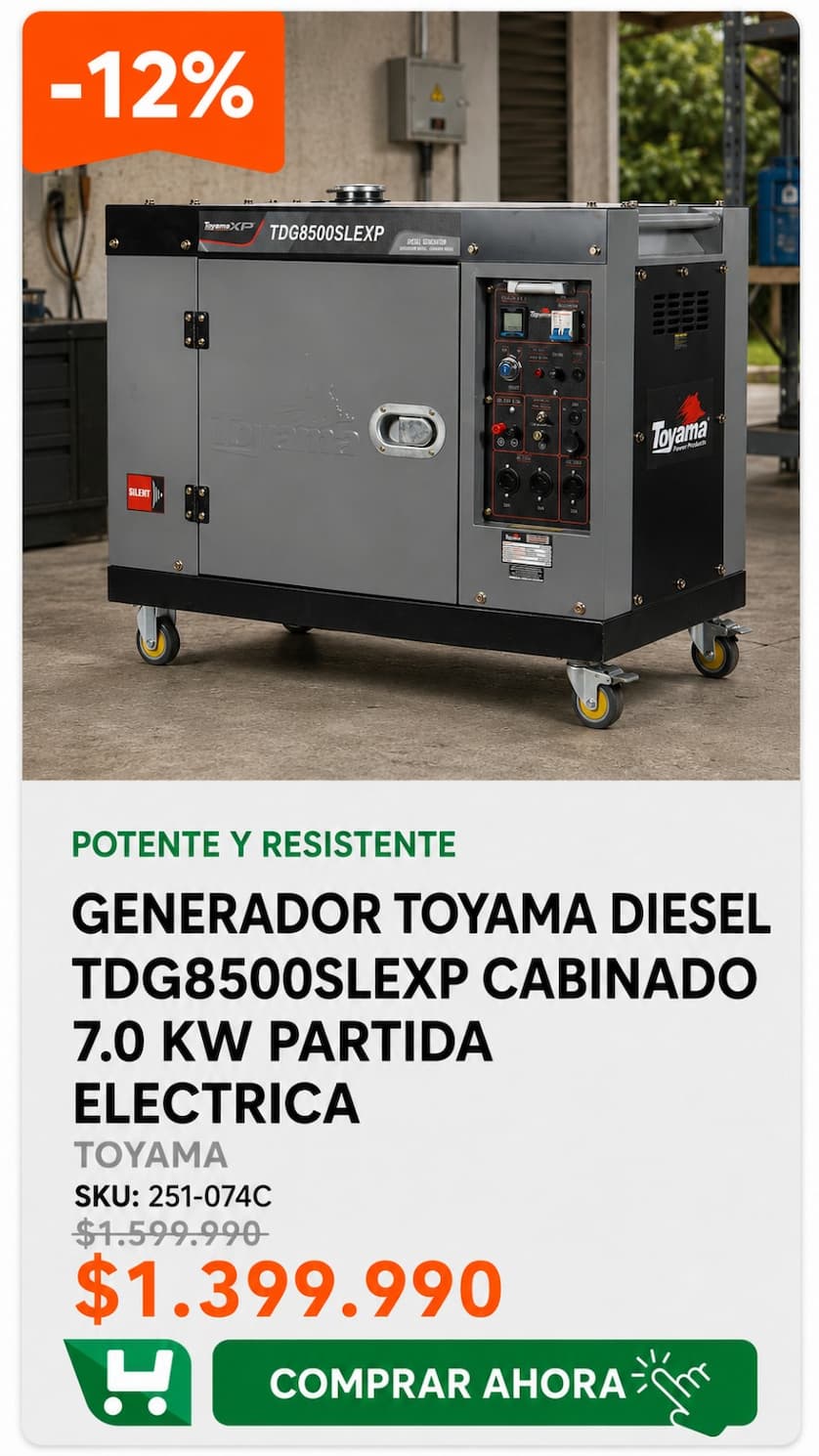 Generador Toyama Diesel TDG8500SLEXP cabinado 7,0 kW, partida eléctrica · SKU 251-074C · Homevan