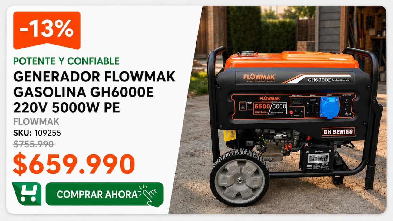 Generador Flowmak Gasolina GH6000E 220 V, 5.000 W · SKU 109255 · Homevan