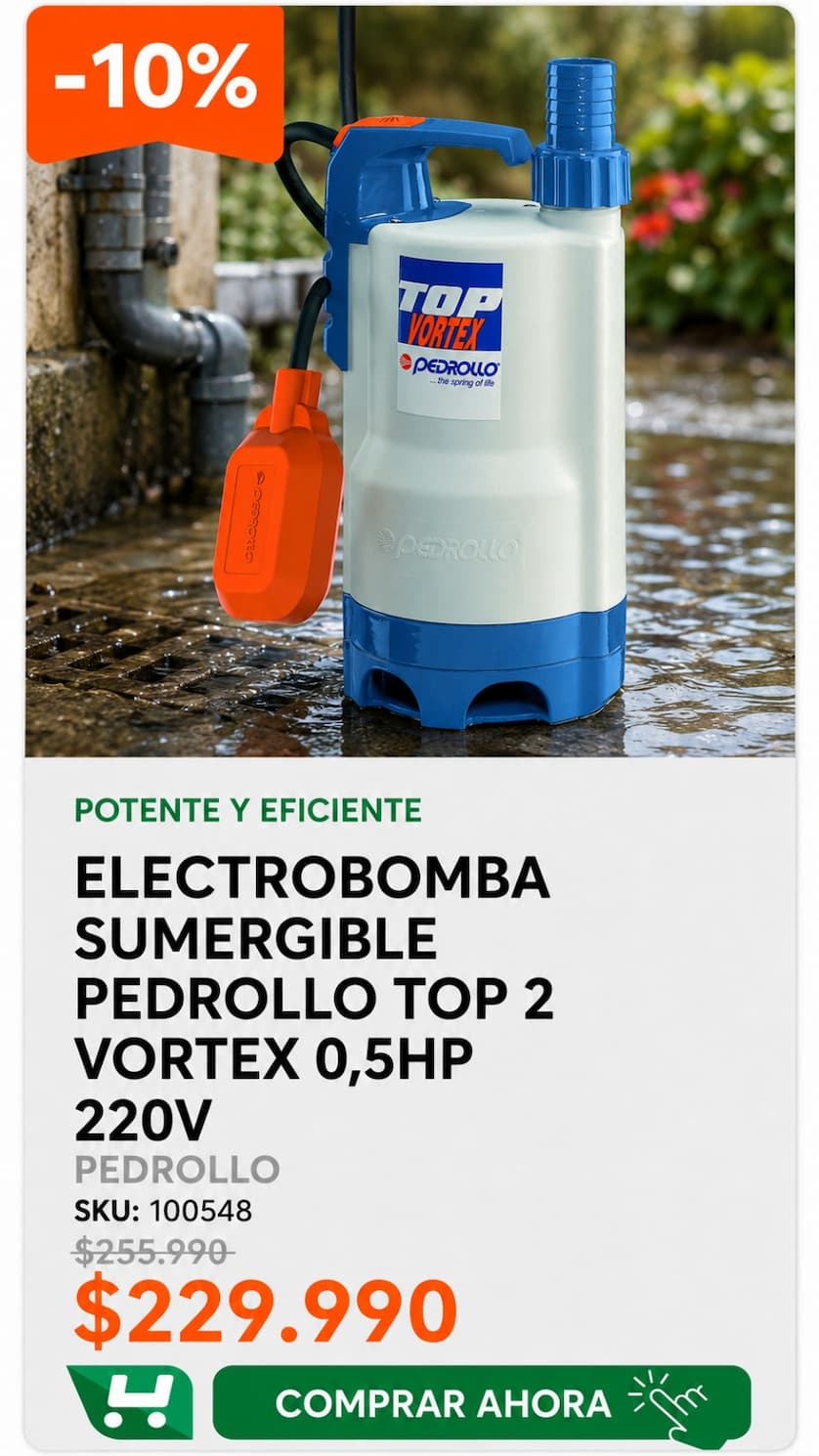 Electrobomba Sumergible Pedrollo TOP 2 Vortex 0,5 HP, 220 V · SKU 100548 · Homevan