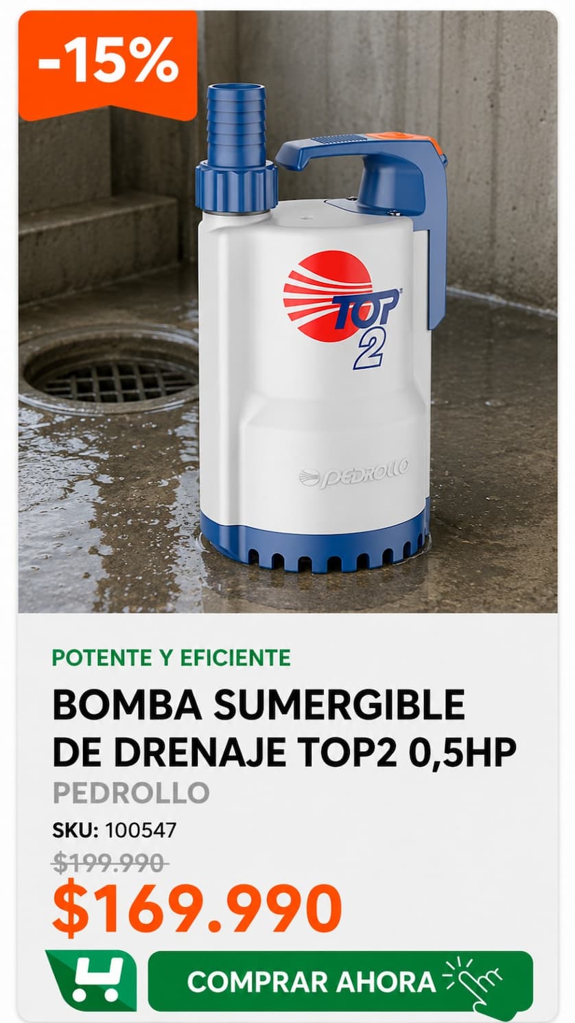Bomba Sumergible de Drenaje Pedrollo TOP2 0,5 HP · SKU 100547 · Homevan