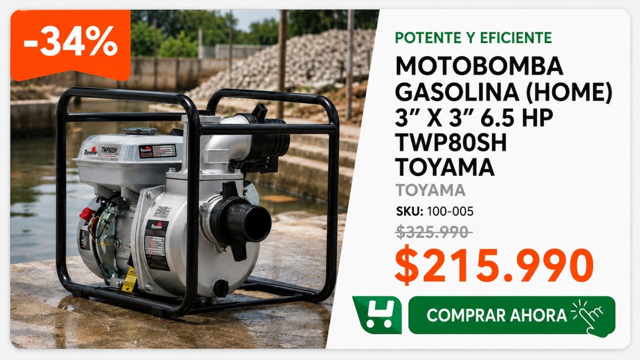 Motobomba Gasolina Toyama TWP80SH 3” × 3”, 6,5 HP · SKU 100-005 · Homevan