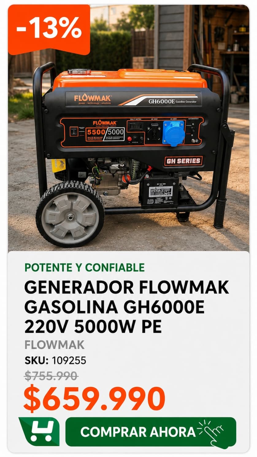 Generador Flowmak Gasolina GH6000E 220 V, 5.000 W · SKU 109255 · Homevan