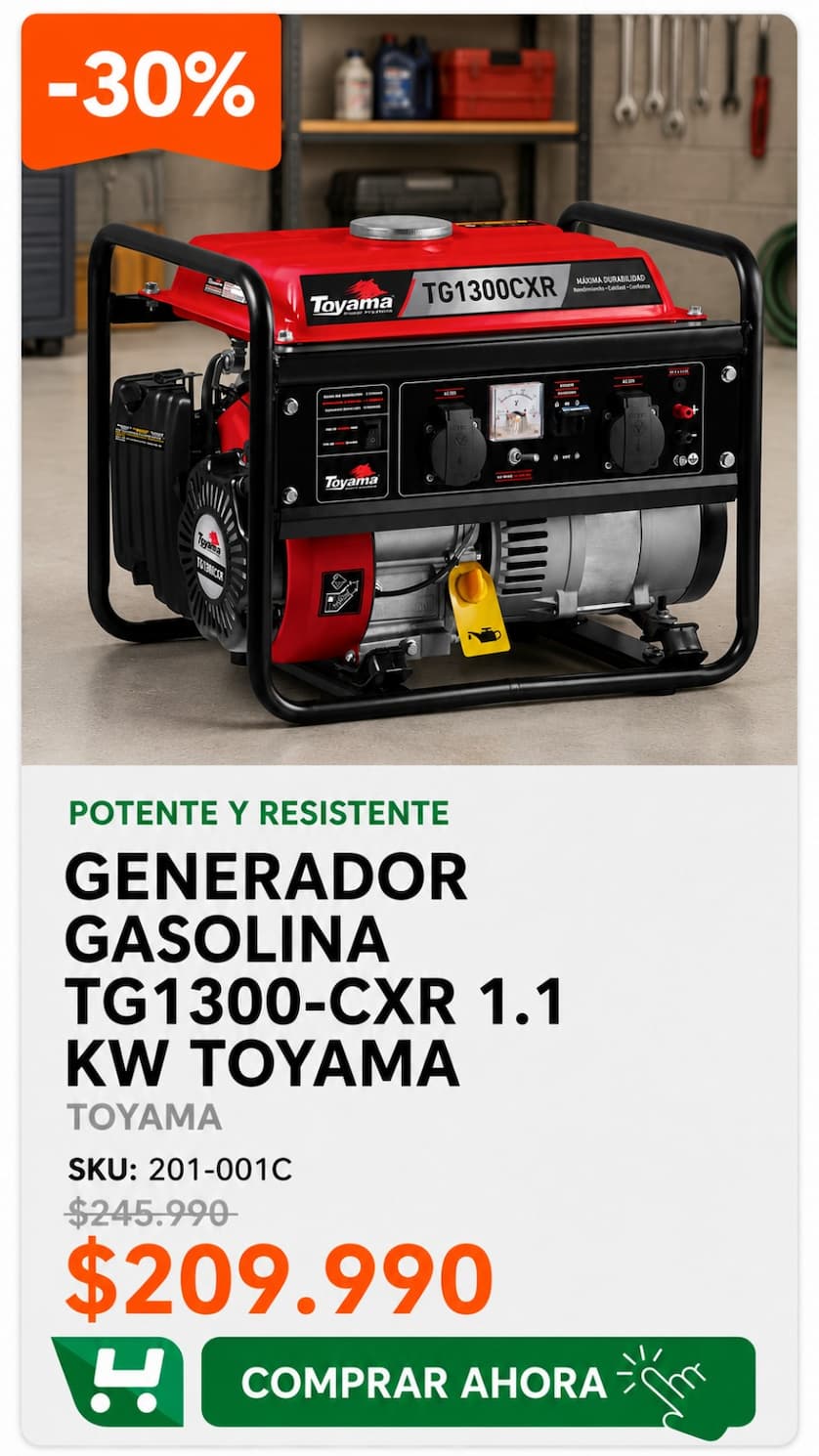 Generador Gasolina Toyama TG1300-CXR 1,1 kW · SKU 201-001C · Homevan