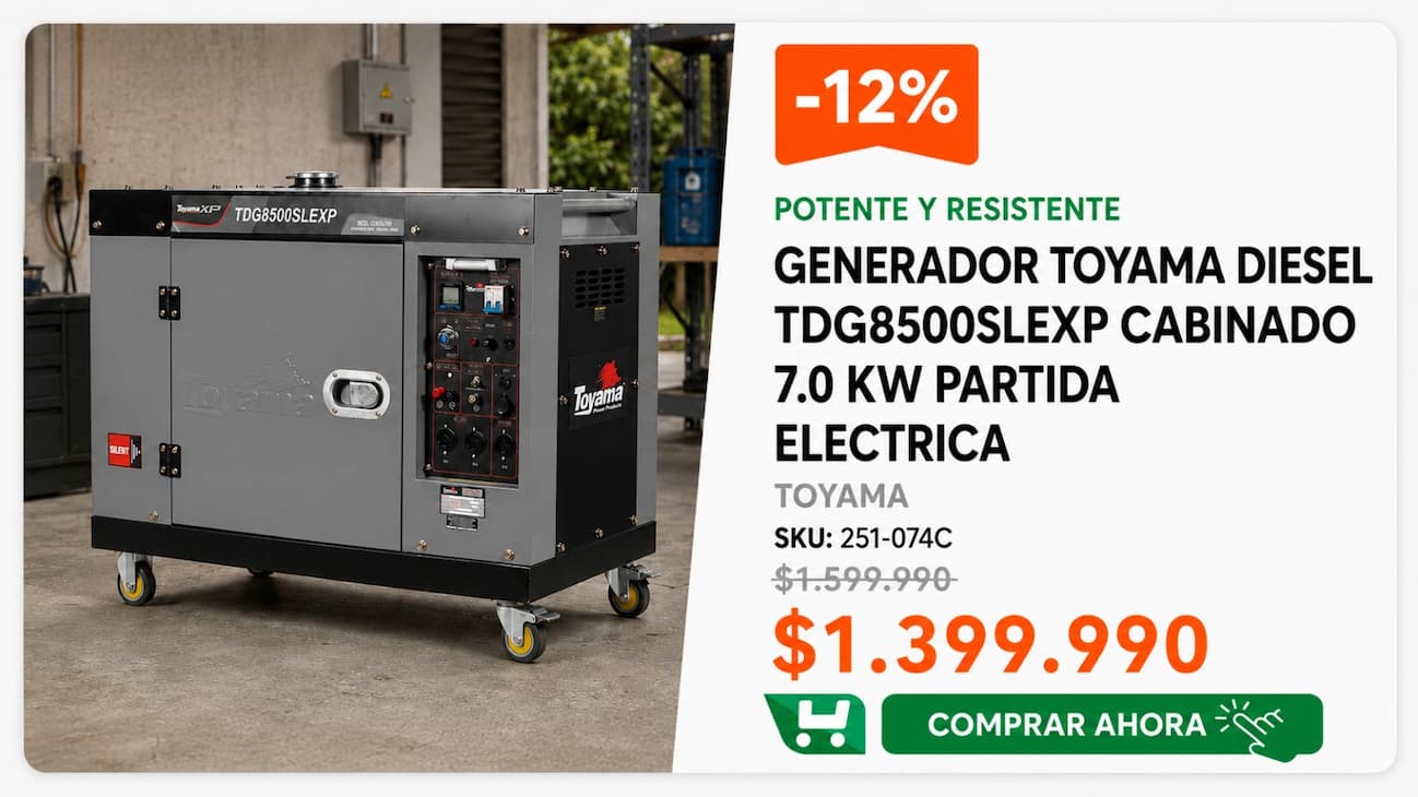 Generador Toyama Diesel TDG8500SLEXP cabinado 7,0 kW, partida eléctrica · SKU 251-074C · Homevan