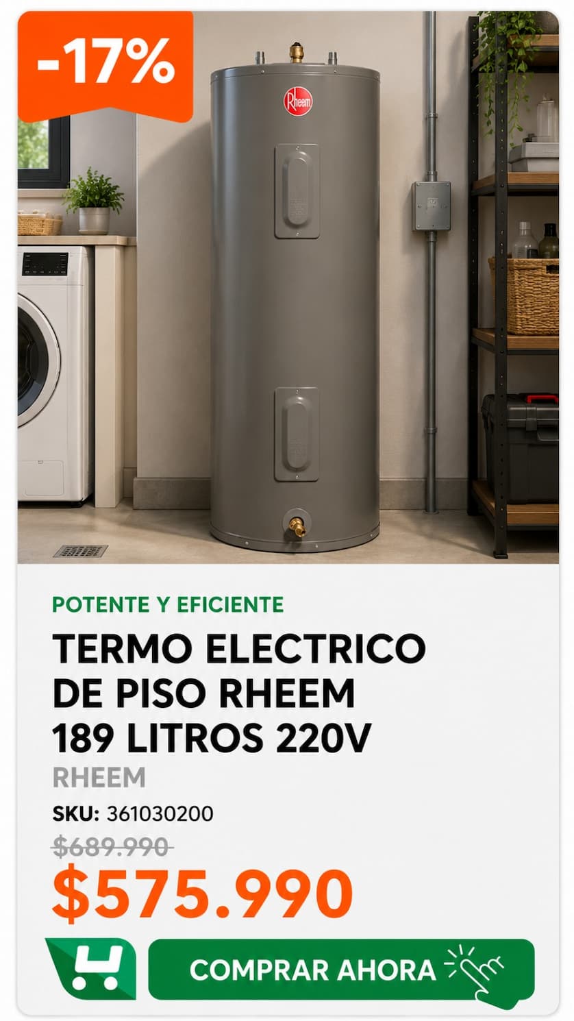 Termo eléctrico de piso RHEEM 189 L 220V · SKU 361030200 · Agosto: sigue el frío y prepara la piscina · Homevan