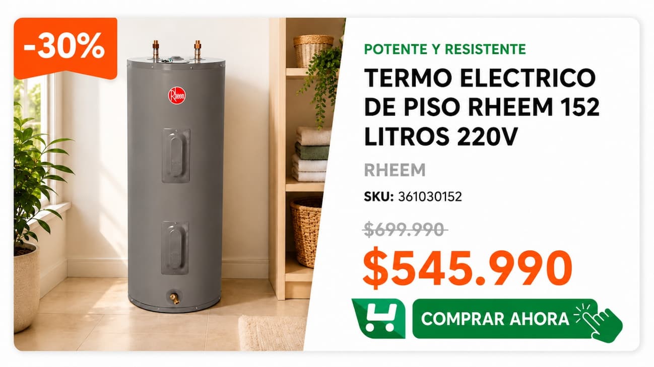 Termo eléctrico de piso RHEEM 152 L 220V · SKU 361030152 · Agosto: sigue el frío y prepara la piscina · Homevan