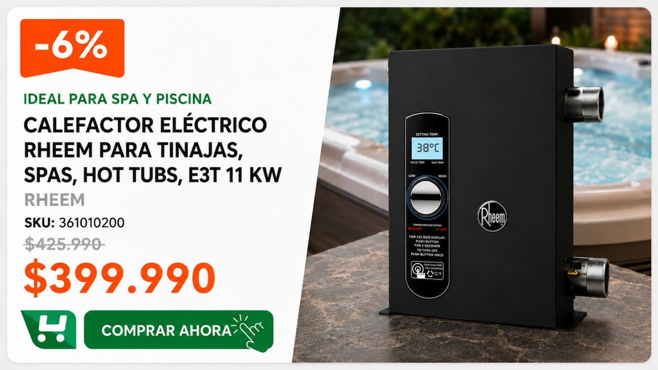 Calefactor eléctrico RHEEM para tinajas y spa 11 kW · SKU 361010200 · Agosto: sigue el frío y prepara la piscina · Homevan