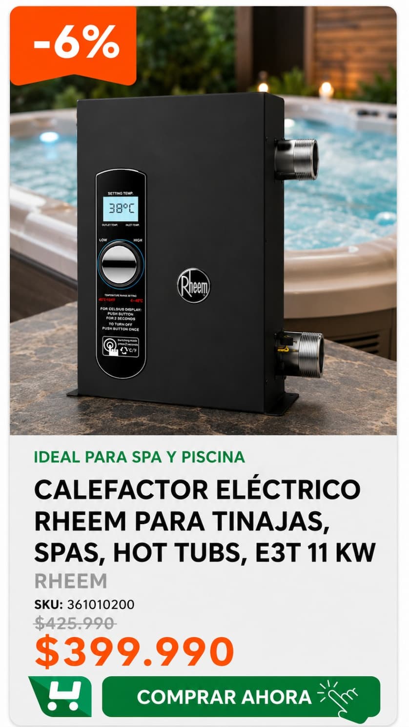 Calefactor eléctrico RHEEM para tinajas y spa 11 kW · SKU 361010200 · Agosto: sigue el frío y prepara la piscina · Homevan