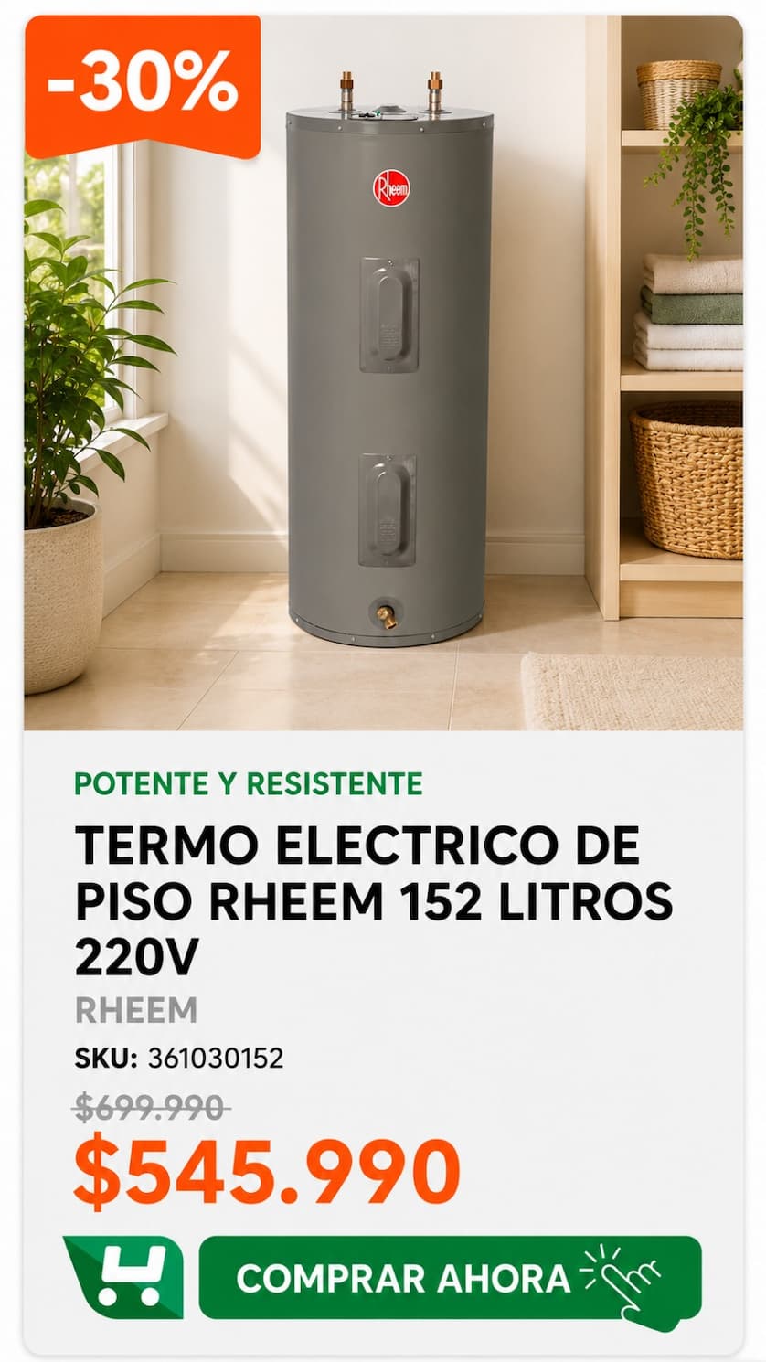 Termo eléctrico de piso RHEEM 152 L 220V · SKU 361030152 · Agosto: sigue el frío y prepara la piscina · Homevan