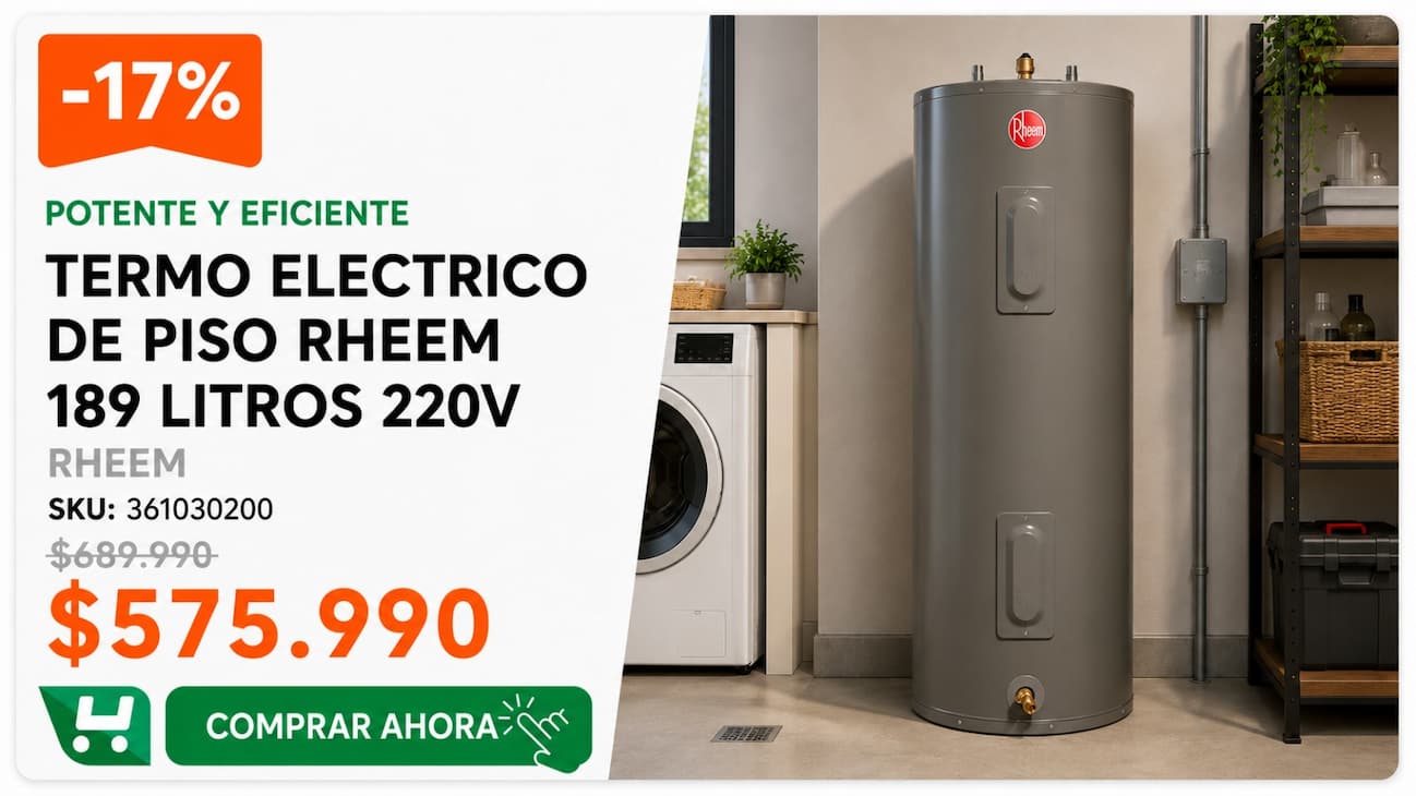 Termo eléctrico de piso RHEEM 189 L 220V · SKU 361030200 · Agosto: sigue el frío y prepara la piscina · Homevan
