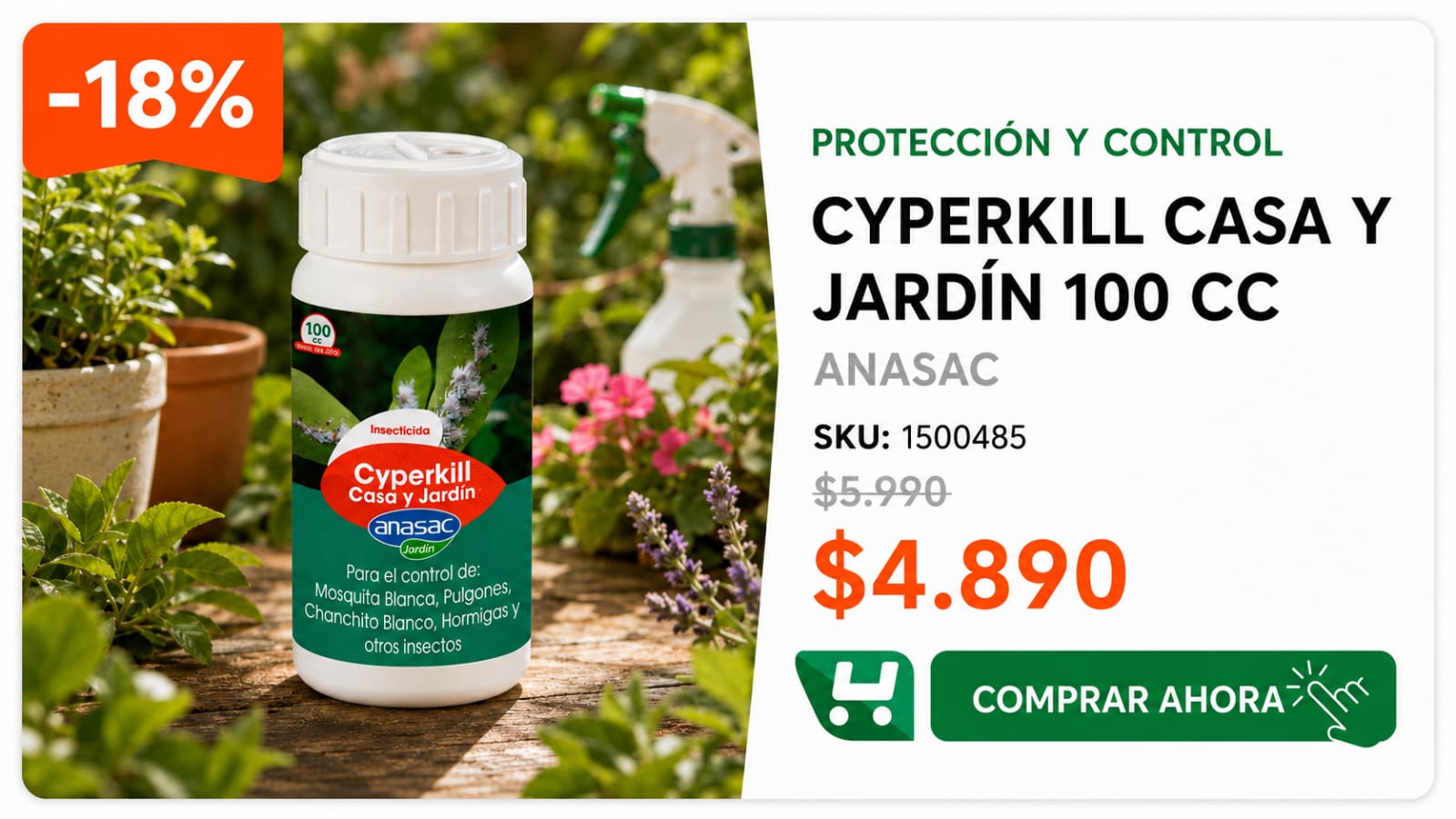 Cyperkill Casa y Jardín 100 cc · SKU 1500485 · Insecticida de baja toxicidad para plagas del jardín y de la casa · Homevan
