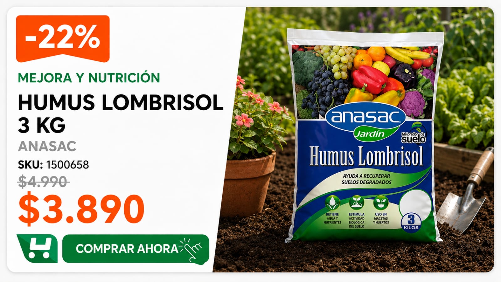 Humus Lombrisol 3 kg · SKU 1500658 · Mejorador natural que recupera suelo degradado y retiene agua y nutrientes · Homevan