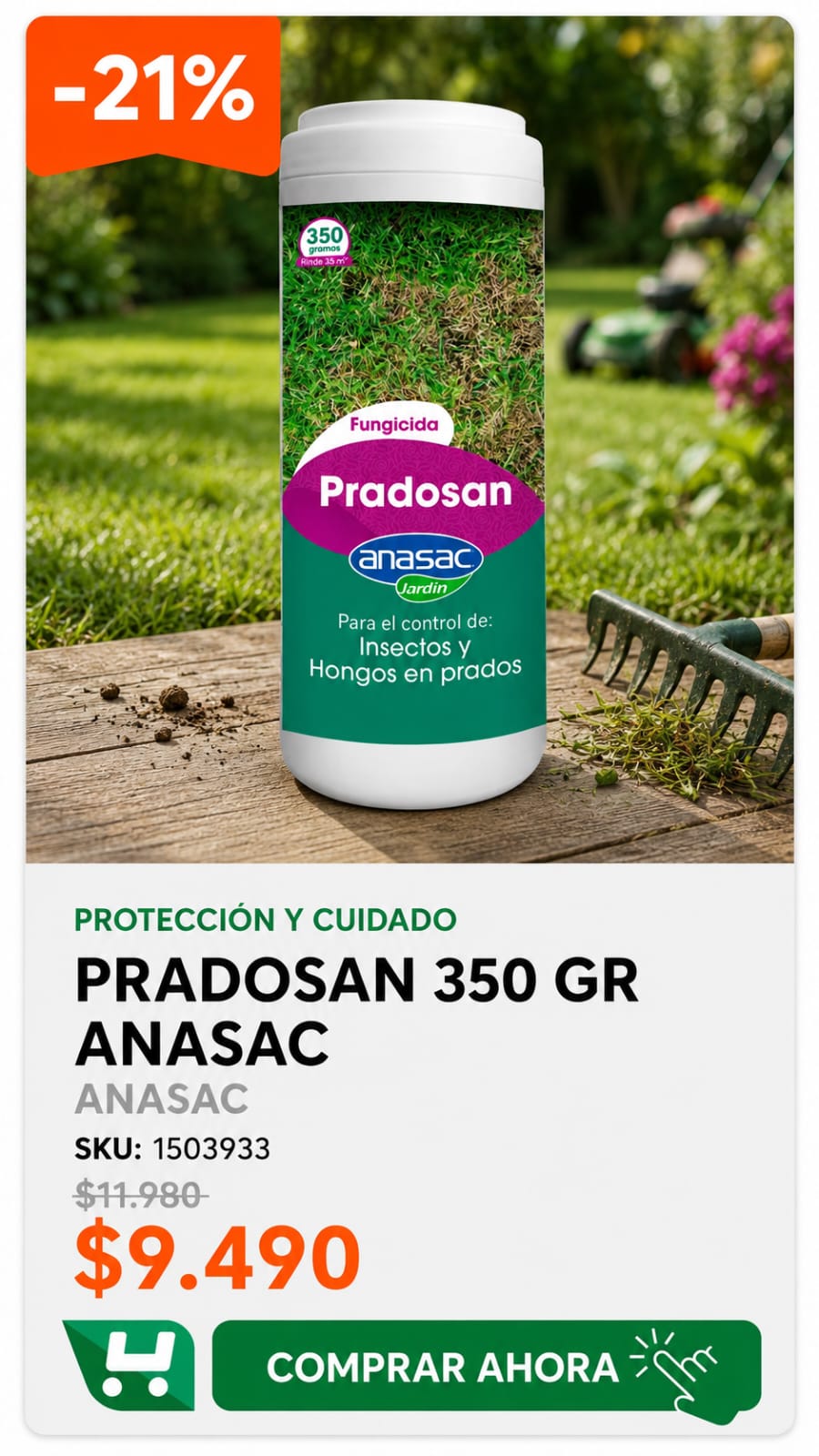Pradosan 350 gr · SKU 1503933 · Insecticida y fungicida para chanchitos, ciempiés y hormigas del prado · Homevan