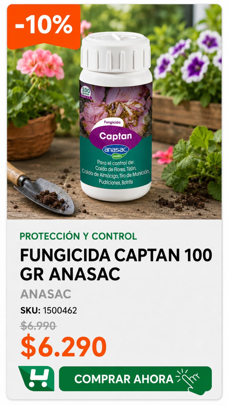 Fungicida Captan 100 gr Anasac · SKU 1500462 · Fungicida contra hongos de suelo y follaje en ornamentales y hortalizas · Homevan