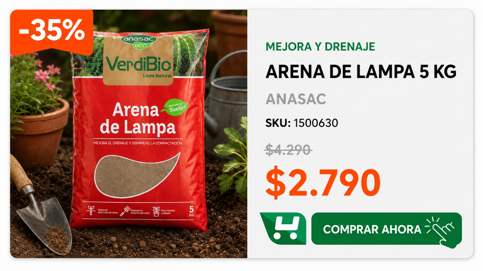 Arena de Lampa 5 kg ANASAC · SKU 1500630 · Mejora el drenaje y la aireación del suelo para que la raíz respire · Homevan