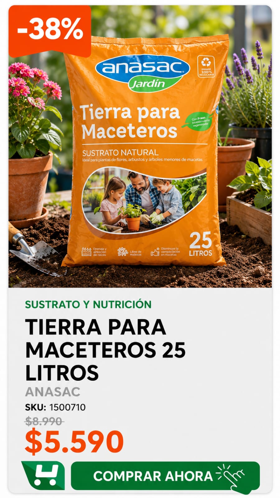 Tierra para Maceteros 25 litros · SKU 1500710 · Tierra lista para macetas que retiene agua y sirve para flores, arbustos y árboles chicos · Homevan