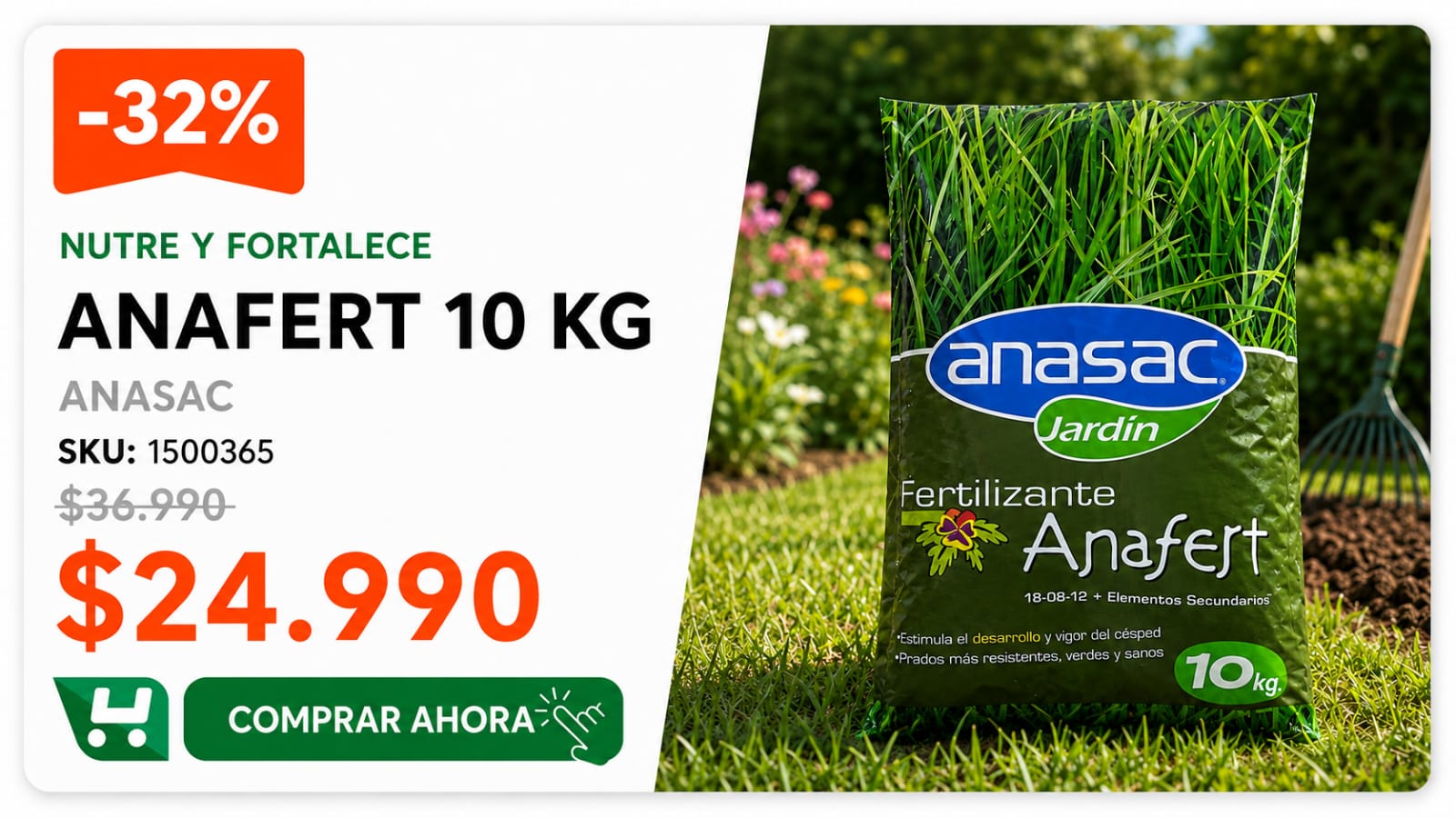 Anafert 10 kg ANASAC · SKU 1500365 · Fertilizante granulado completo NPK con microelementos para todo el jardín · Homevan
