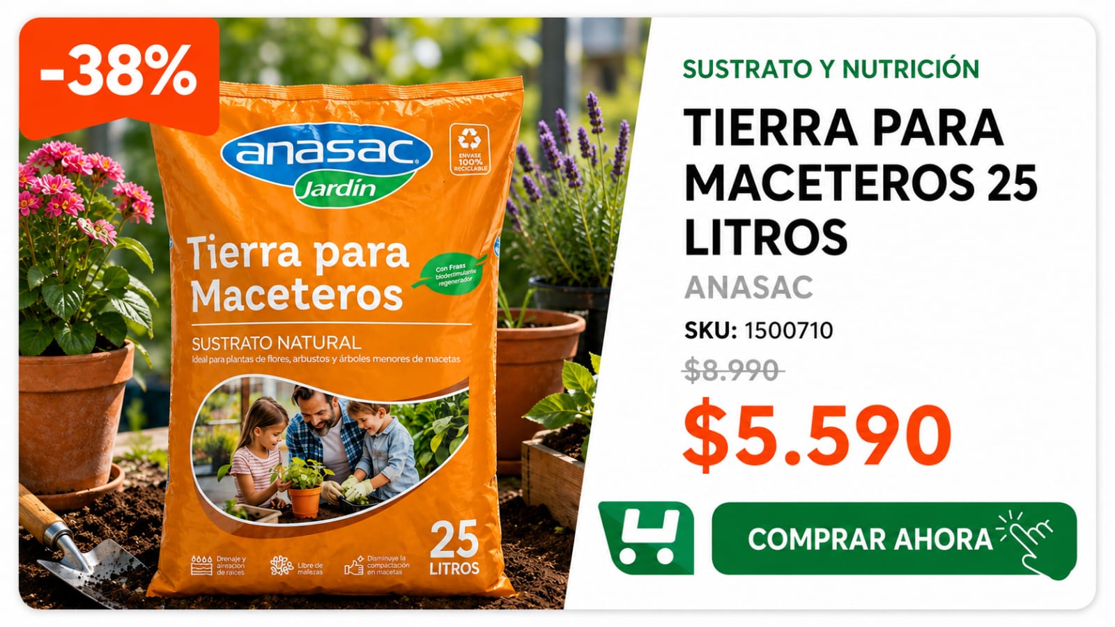 Tierra para Maceteros 25 litros · SKU 1500710 · Tierra lista para macetas que retiene agua y sirve para flores, arbustos y árboles chicos · Homevan