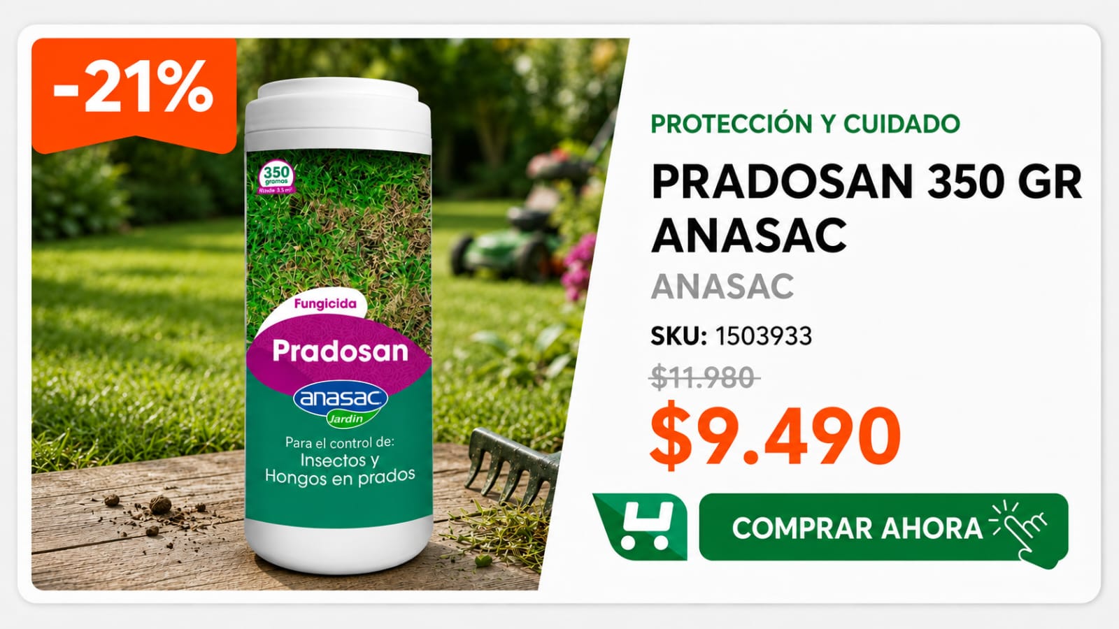 Pradosan 350 gr · SKU 1503933 · Insecticida y fungicida para chanchitos, ciempiés y hormigas del prado · Homevan