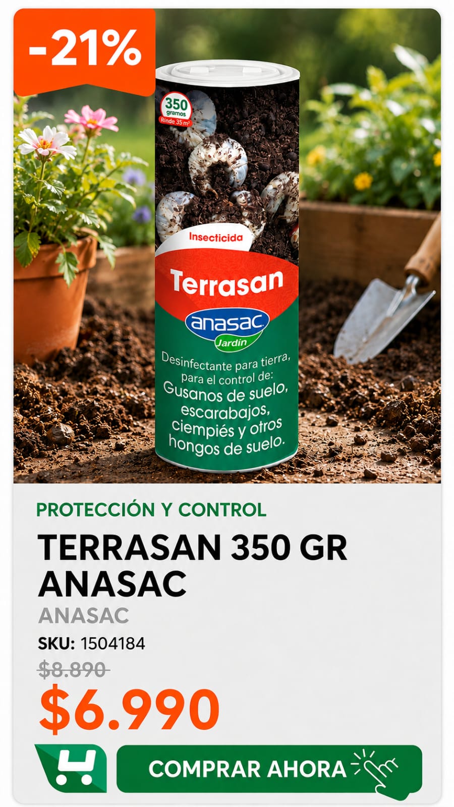 Terrasan 350 gr · SKU 1504184 · Control de gusano blanco, gusano alambre y ciempiés bajo tierra · Homevan