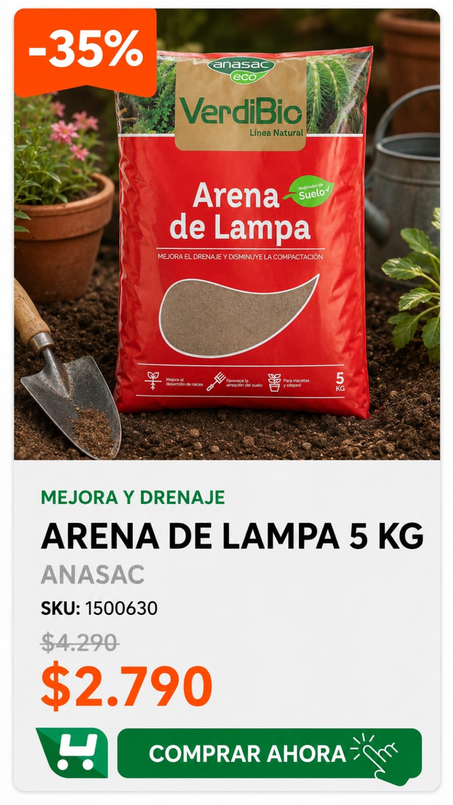 Arena de Lampa 5 kg ANASAC · SKU 1500630 · Mejora el drenaje y la aireación del suelo para que la raíz respire · Homevan