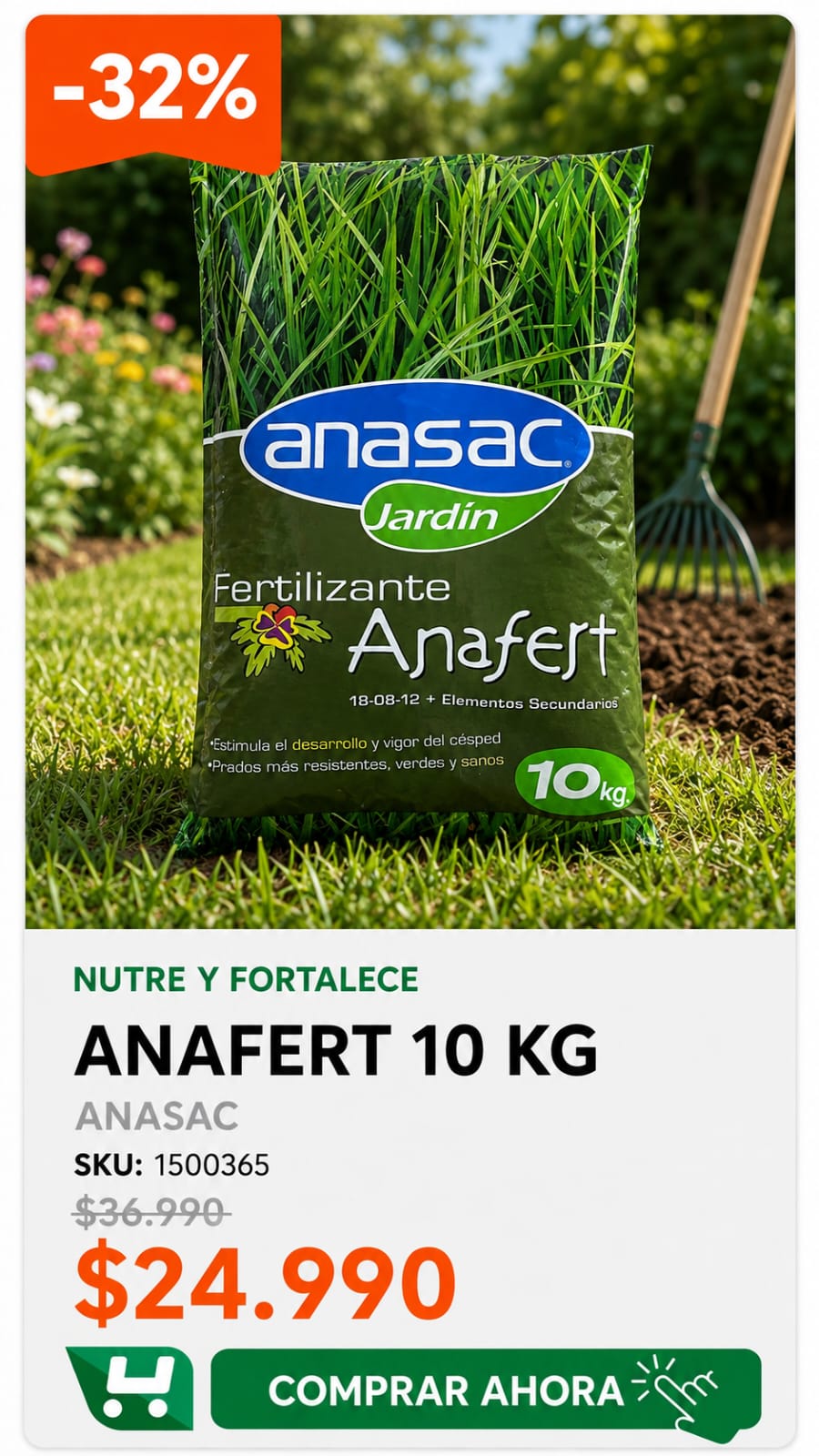 Anafert 10 kg ANASAC · SKU 1500365 · Fertilizante granulado completo NPK con microelementos para todo el jardín · Homevan
